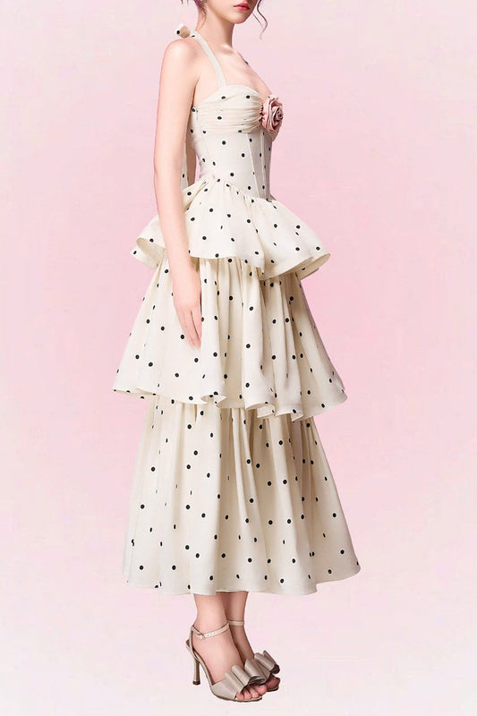 Roberta Polka Dots Applique Halter Layer Midi Dress - Apricot