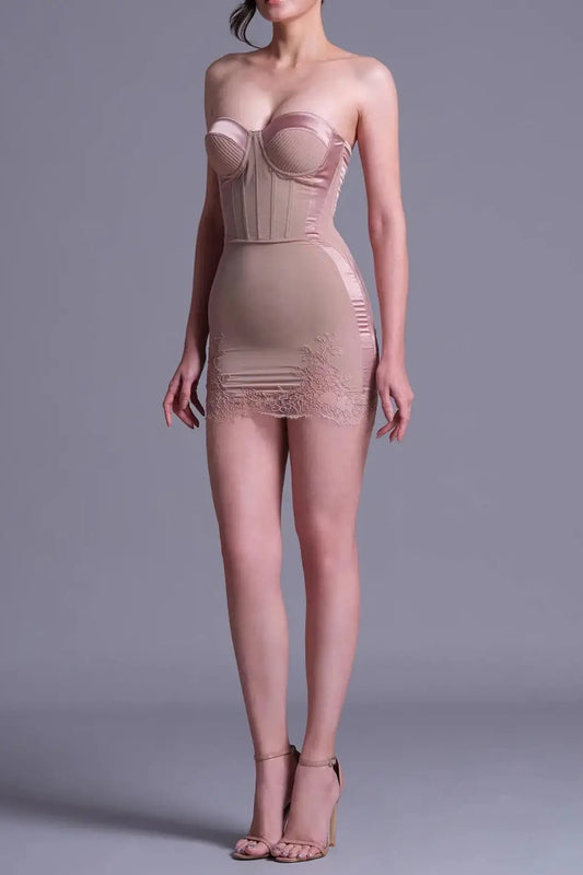 sherry Nude Cord Lace Bustier Mini dress Avalabel