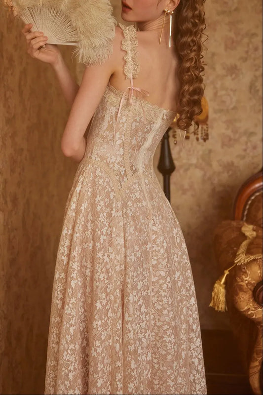 aurora lace floral embroidery midi dress in nude Avalabel