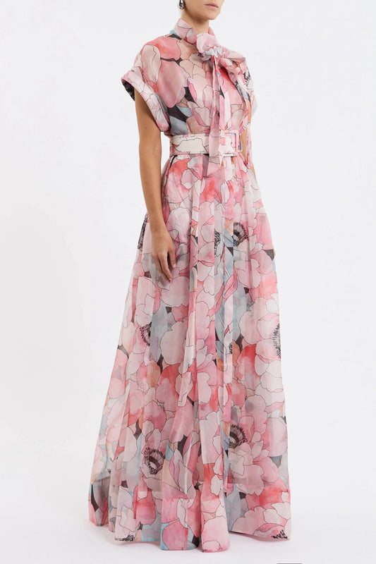 Floral Print Silk Organza Maxi Dress in Pink-Multi