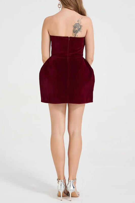 evangeline Strapless Heart Velvet Mini Dress in burgundy Avalabel
