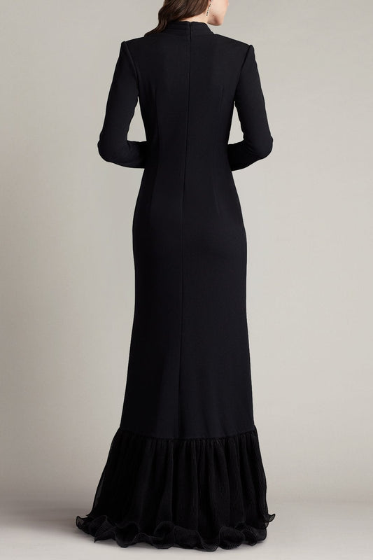 Joyce Black Ruffled Gathered High Slit Knit Midi Dress