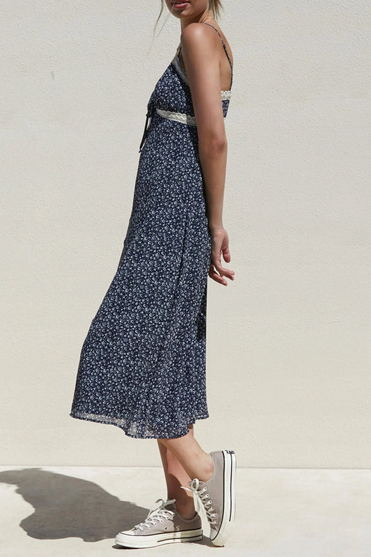 V-Neckline Floral Lace Trim Midi Dress in Navy