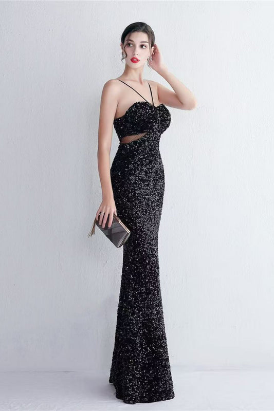 MARIAN BLACK CUTOUT SEQUINS HALTER MAXI DRESS