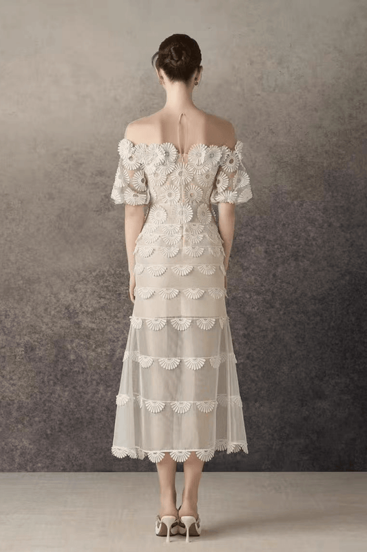 Iris Off Shoulder Tiered Lace floral tulle midi dress - Avalabel