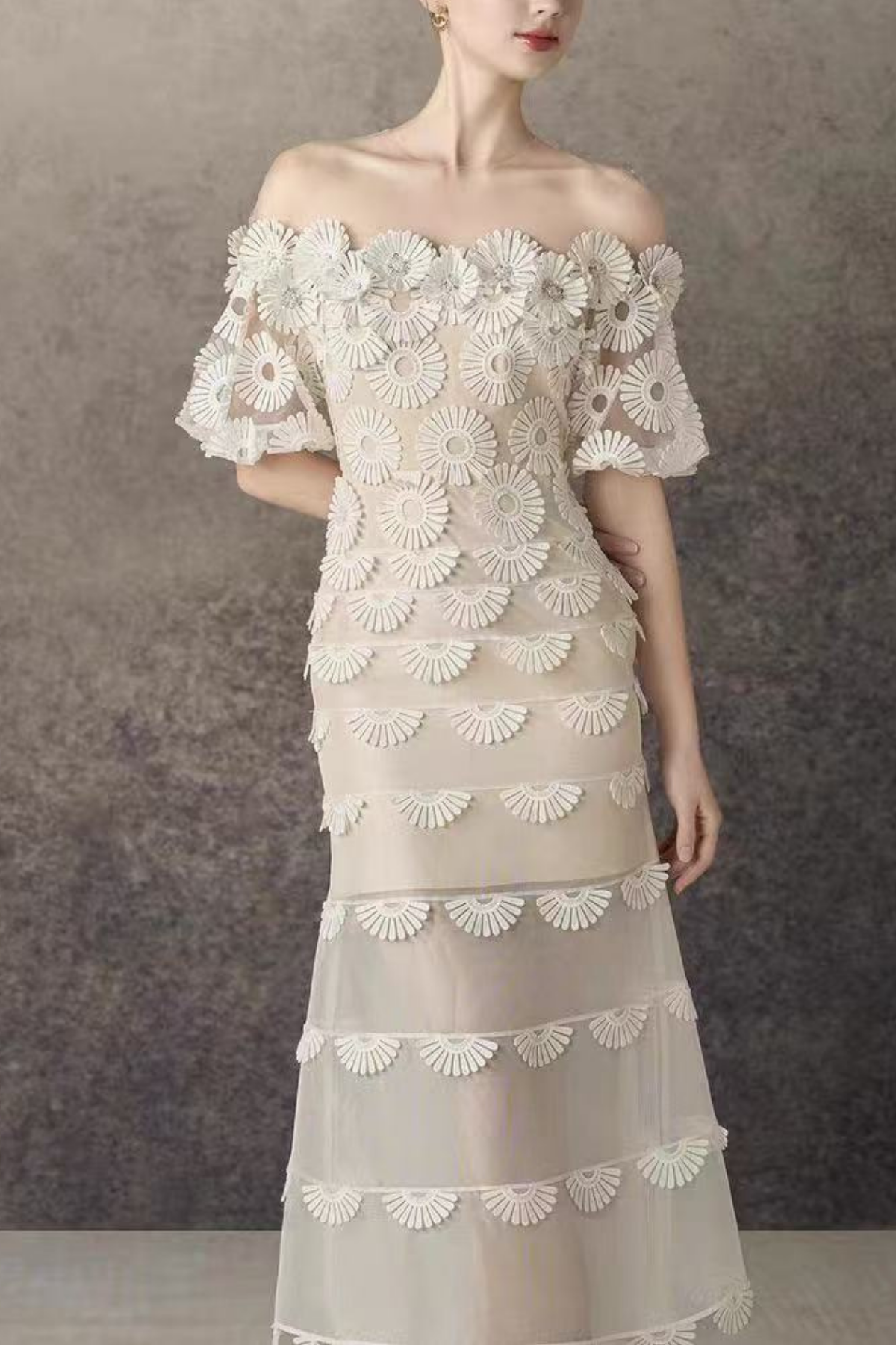 Iris Off Shoulder Tiered Daisy Lace Tulle Midi Dress