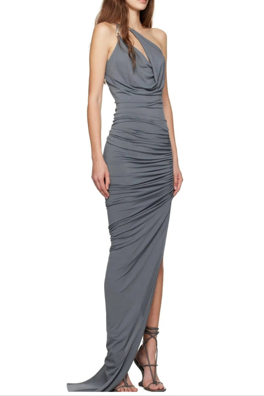 One-Shoulder Sleeveless Ruched Bodycon Maxi Dress in Grey Avalabel