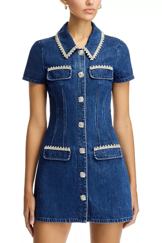 Denim Rhinestone Trim Dress in blue Avalabel