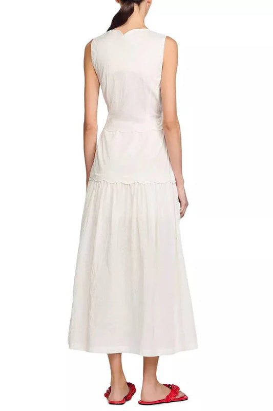 Scallop Trim V-Neck Crinkled Maxi Dress in Ecru Avalabel