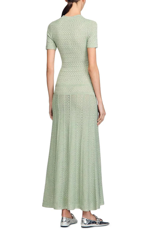 Yvonne Hollow Knit Maxi Dress in Almond Green