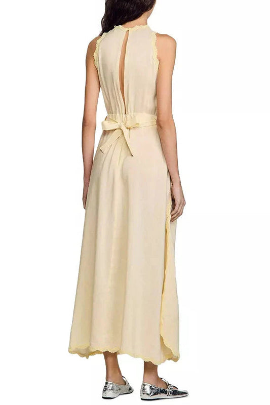 Sleeveless Lace Detail Maxi Dress in Light Yellow Avalabel