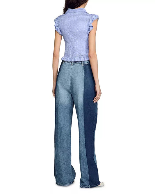 Satin Smocked Top in Sky Blue Avalabel