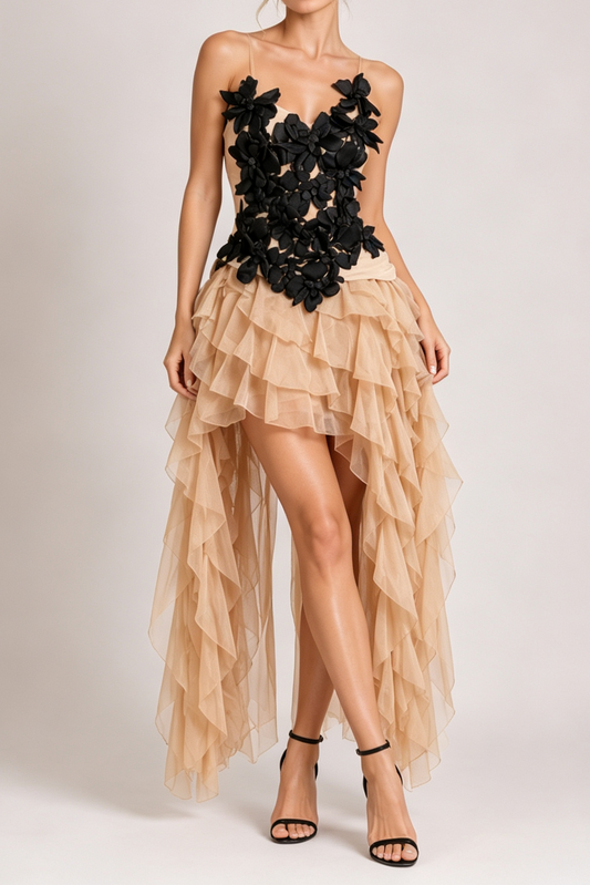 Nude Sheer Strap Black 3D Floral Corset Top & High Low Ruffle Tulle Skirt Set Avalabel