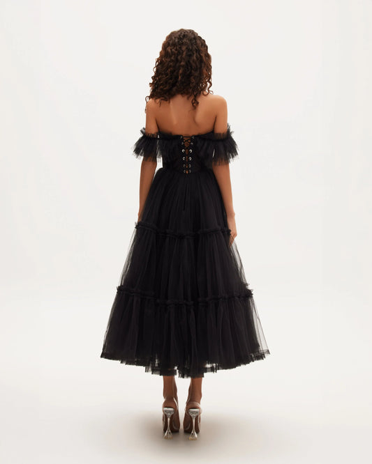 Black Ruffled Tulle Midi Dress Avalabel