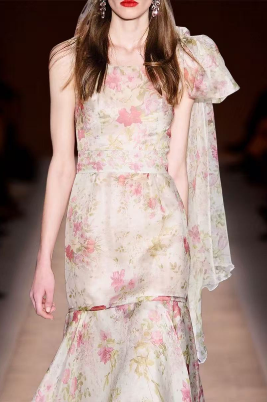 Vivienne Pink Floral One-Shoulder Maxi Dress with Bow Sash