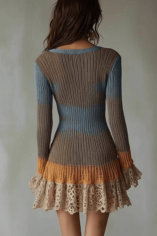 Adeline Patchwork Knit Lace Ruffle Bodycon Mini Dress Avalabel