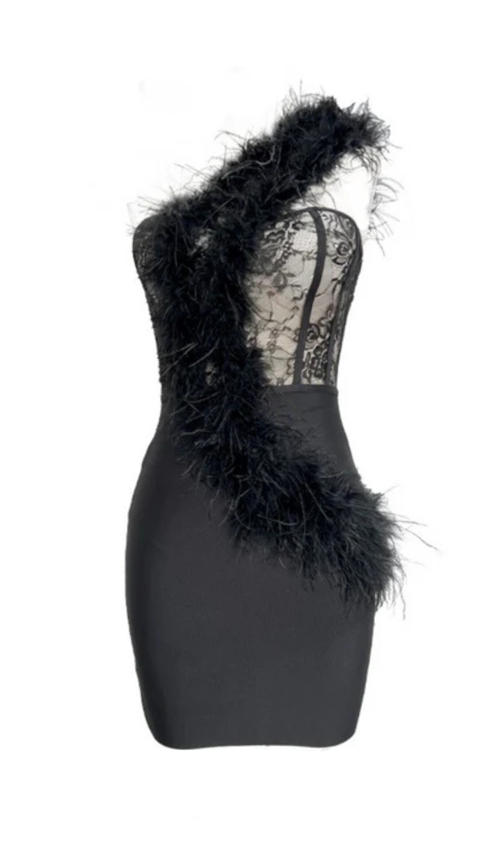 ONE SHOULDER FEATHER BANDAGE MINI DRESS Avalabel