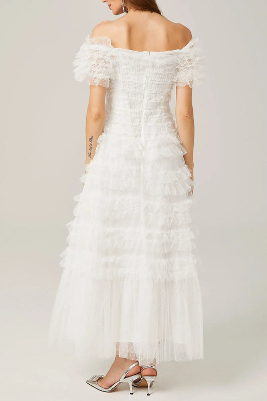 joyce ruffled tulle tiered strapless midi dress in white Avalabel