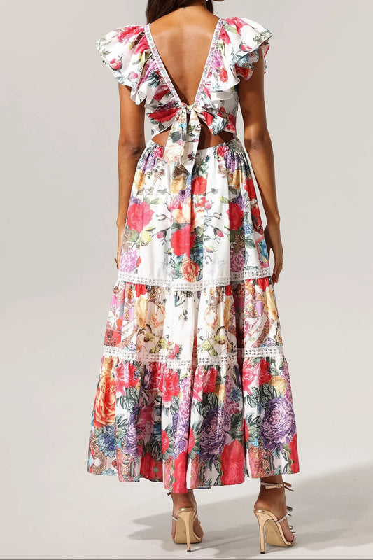 Violet Backless Ruffle Floral Printed Maxi Dress Avalabel