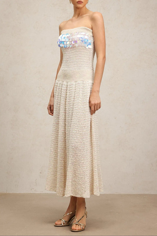 kimberley beige off-shoulder Sleeveless sequin jersey Maxi Dress Avalabel