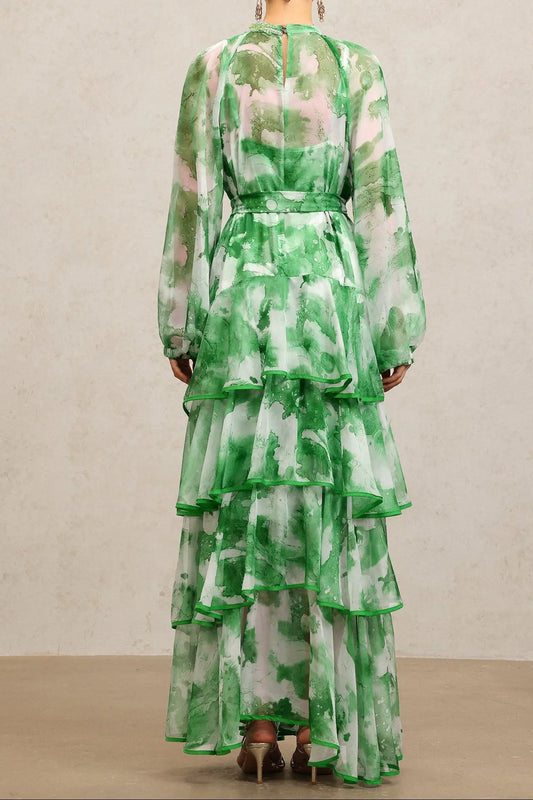 Jolie Round Neck Long Sleeves Floral Printed Folds Green Maxi Dress Avalabel