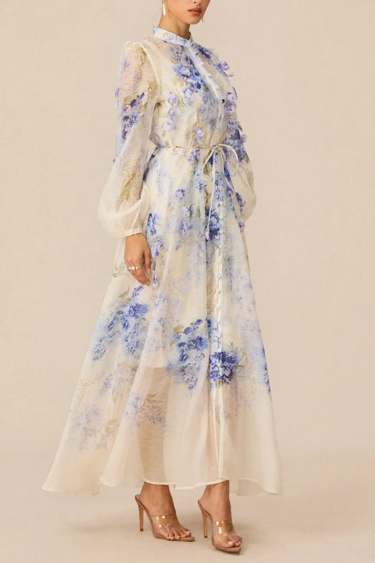 sandra Blue Floral Print puff sleeve Maxi Dress Avalabel
