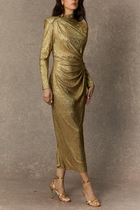 Michelle Gold Floral Embellished Texture Midi Dress