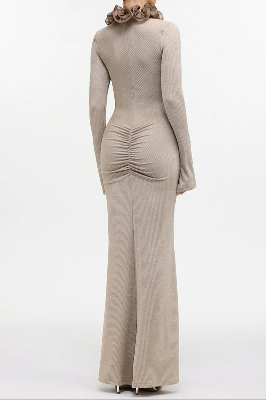 rachel Contour Long Sleeve Ruffle Knit Maxi Dress in pale brown Avalabel