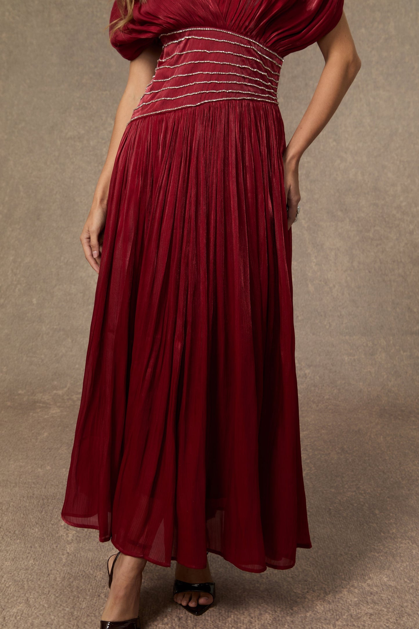 Myra Burgundy V-neck Embellished Maxi Dress