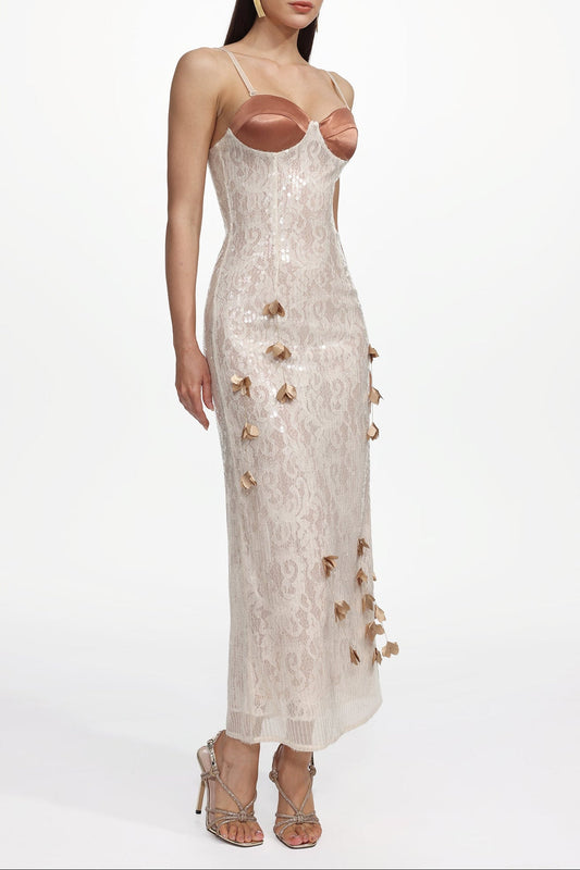 Verna Champagne Embellished Sleeveless Petal Sequin Lace Knit Maxi Dress