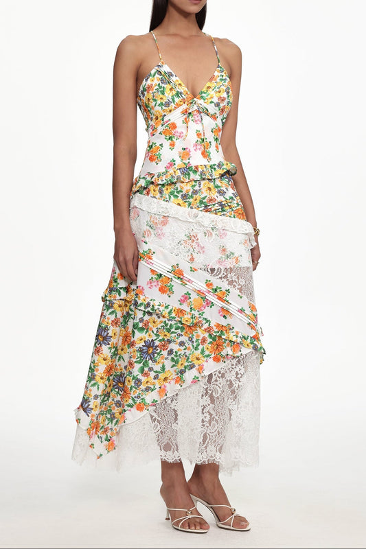 Georgia Flowy V Neck Floral Print Lace Woven Maxi Dress Avalabel