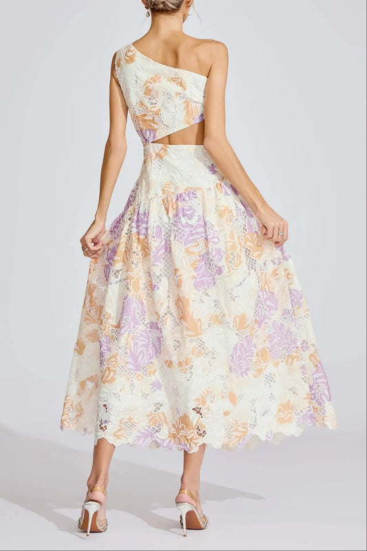 kimberley Yellow One-Shoulder floral print cutout Maxi Dress Avalabel