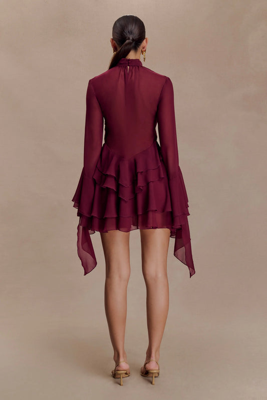 Chiffon Ruffle Mini Dress - Wine Avalabel