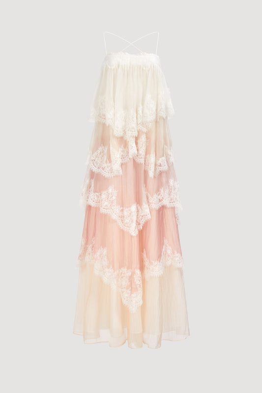 Flowy Spaghetti Strap Tiered Lace Trim Maxi Dress