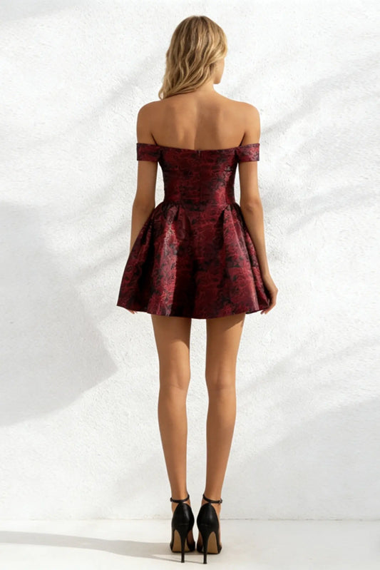 Jacquard slim waist strapless puffy mini dress in wine red Avalabel
