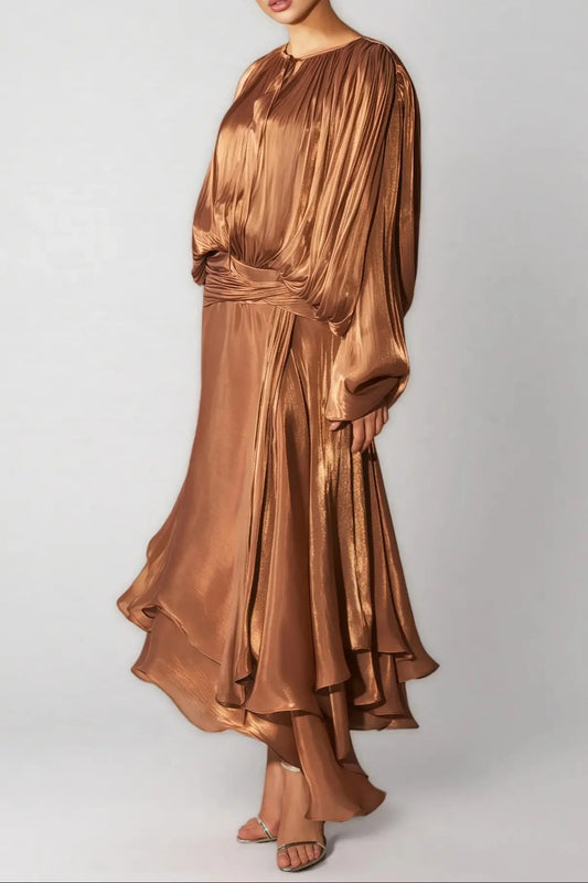brown Pleated Bodice Draped puff sleeve Maxi Dress Avalabel