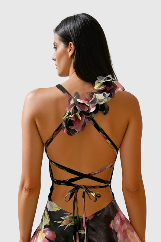 Pera Floral Appliqué Ruffle Mini Dress - Black Avalabel