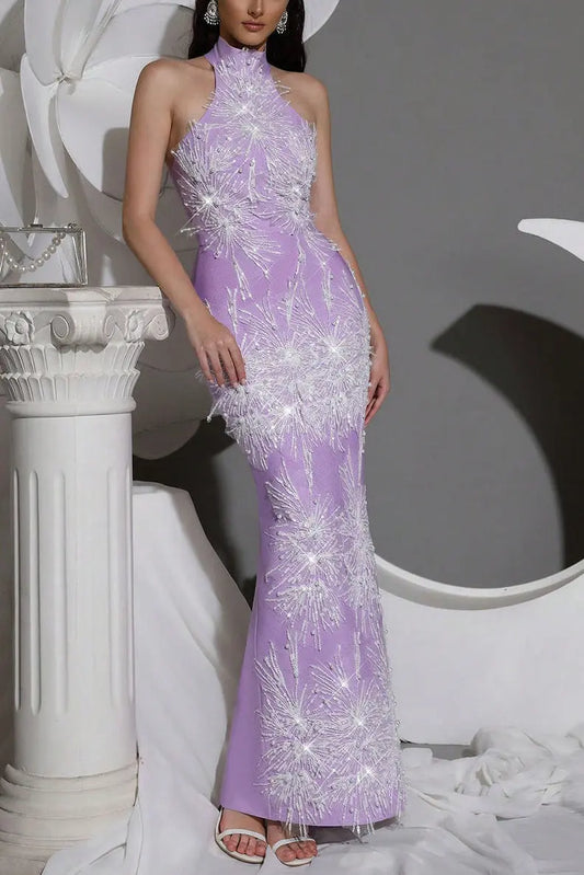 Pandora Sleeveless Beaded Tassel Sequin Bandage Maxi Dress - Violet Avalabel