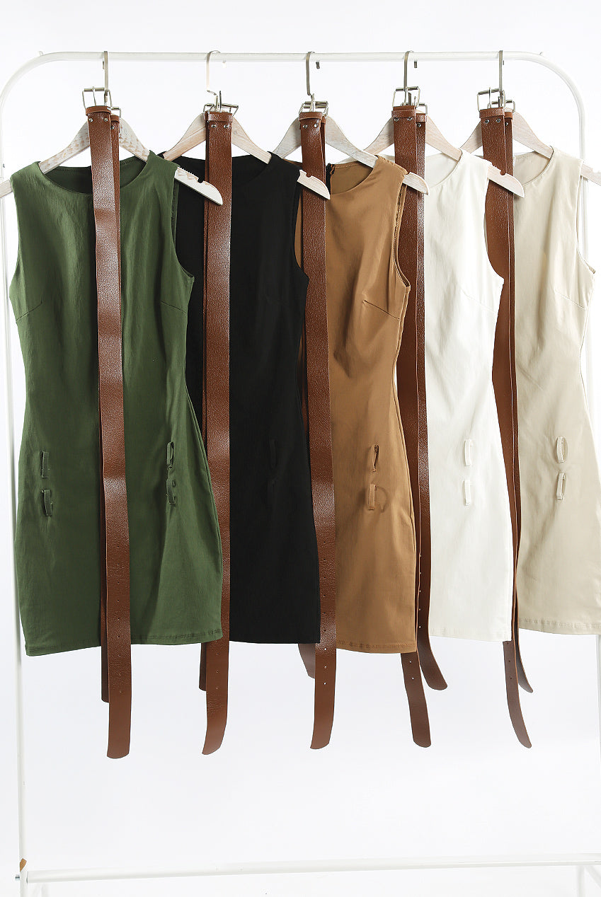 Double Belted Round Neck Mini Dress