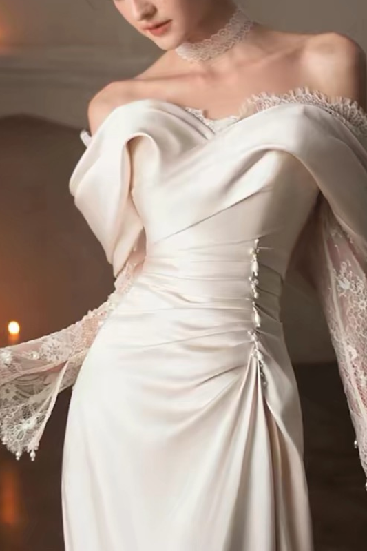 Josephine Off Shoulder Lace Long Sleeve Satin Mermaid Wedding Dress Avalabel
