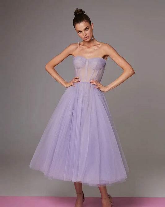Lavender Strapless Puffy Midi Tulle Dress Avalabel