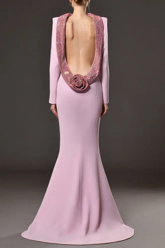 violet Pink crêpe maxi dress with crystal chainmail flower Avalabel