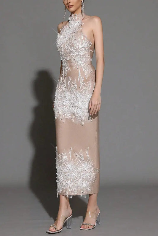 Pandora Sleeveless Beaded Tassel Sequin Bandage Maxi Dress - Khaki Avalabel