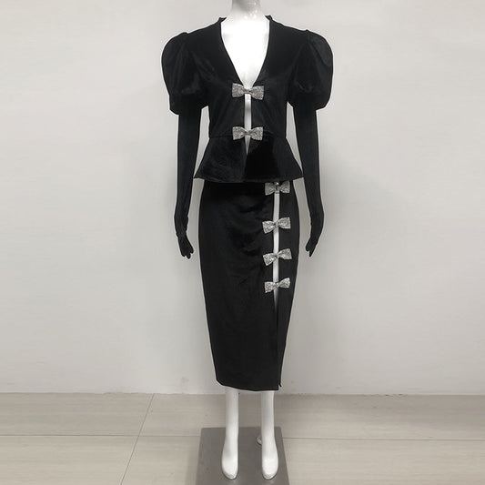 Victoria Cut Out Bow Mini Dress Set in Black Avalabel