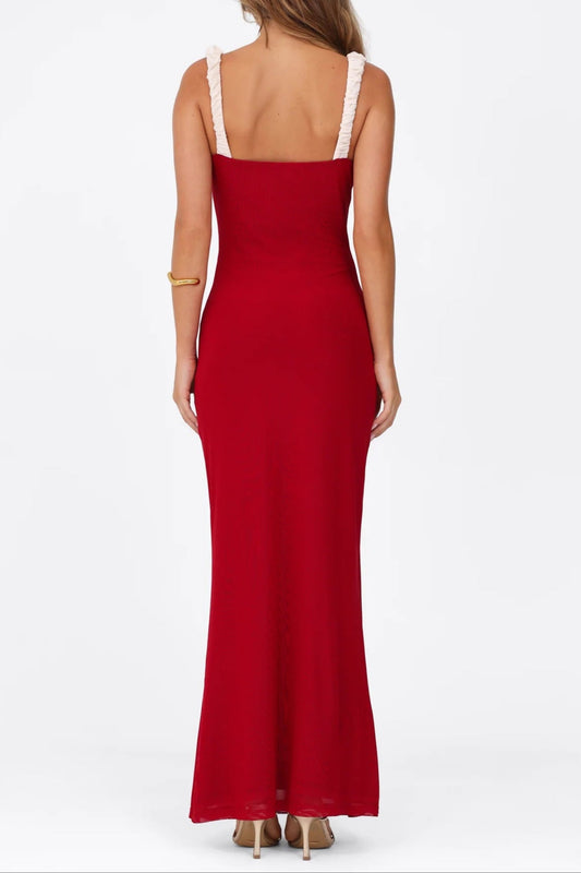 Red Bustier Maxi Dress with a V-Neckline