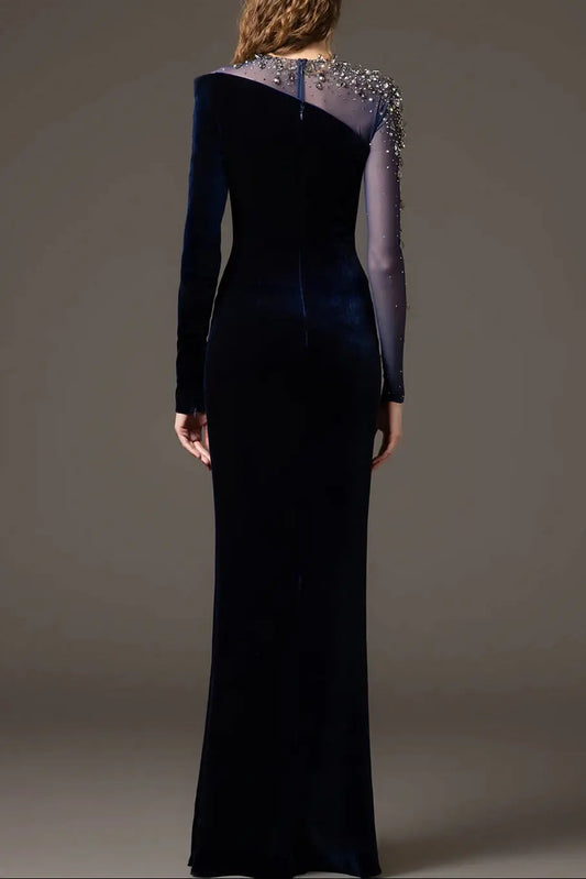 riva crystal patchwork Velvet Column maxi Dress in dark blue Avalabel