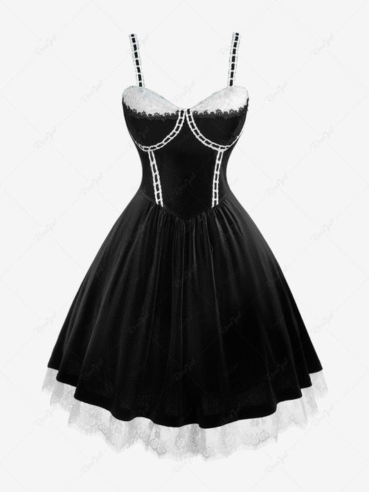 Gothic Plus Size Rose Flower Mesh Jacquard Lace Trim Contrast Piping Velvet A Line Dress Avalabel