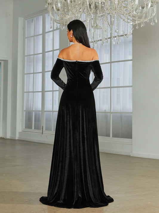Off Shoulder Split Black Velvet Evening Dress Avalabel