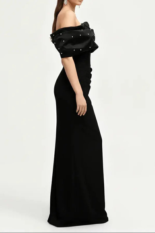 rosemary Black Pearl Embellished Draped strapless maxi dress Avalabel