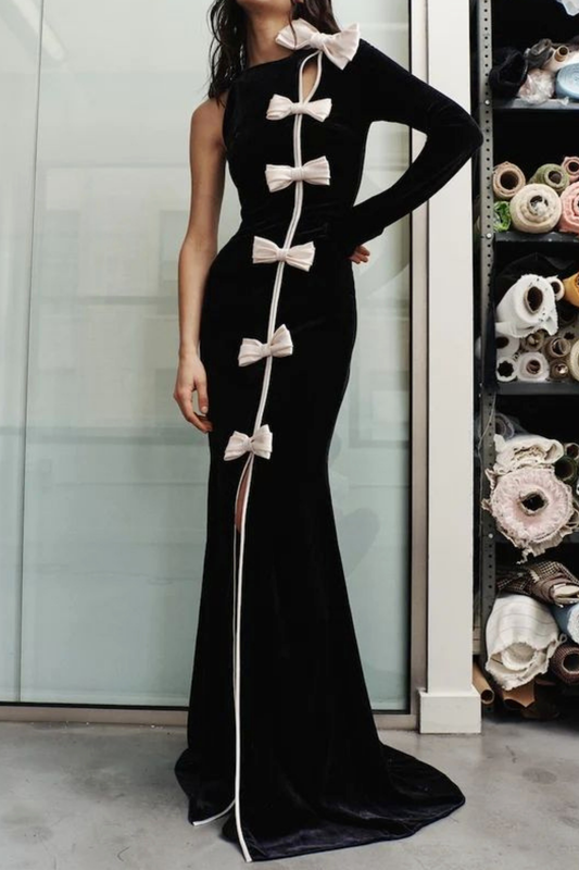 victoria Bow Cascade Velvet Maxi Dress in black Avalabel